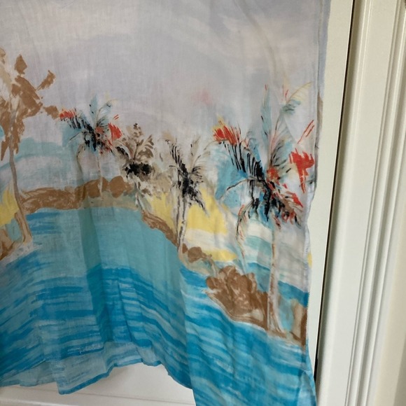 Chicos Womens Tropical Print Linen Top Size L/XL V Neck White Cap Sleeve Coastal - Picture 5 of 9